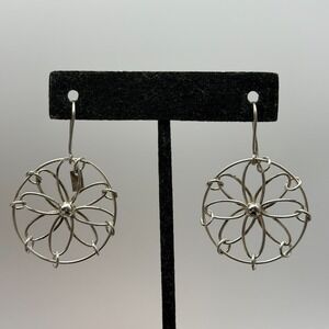 Mexico Sterling Flower Earrings Mandala Pinwheel Hook Dangle Large 925 Silver